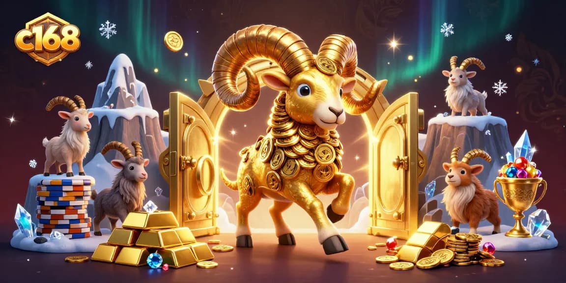 Experience the thrill of c168 with a golden ram charging through a treasure-filled casino scene.