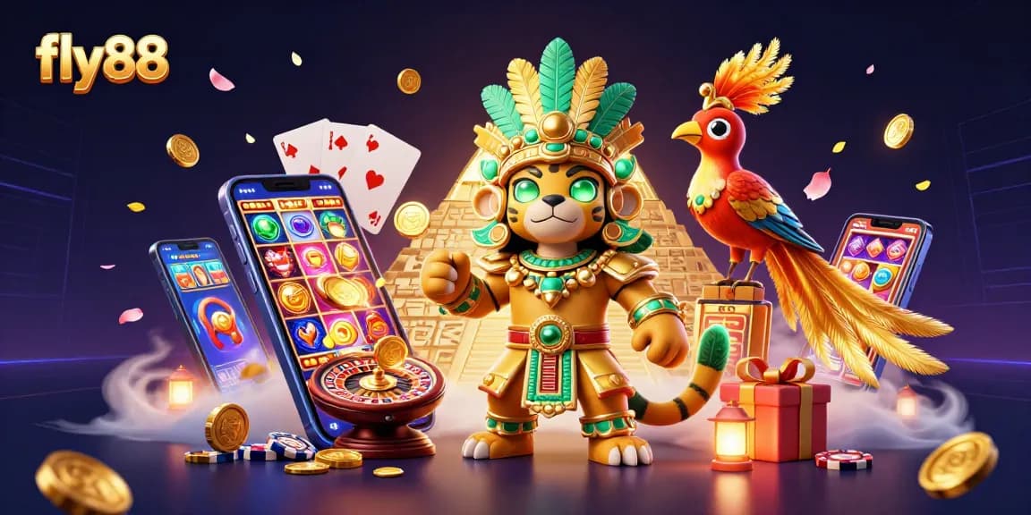 Engage with thrilling adventures on fly88, featuring a vibrant 3D casino scene with dynamic slot games.