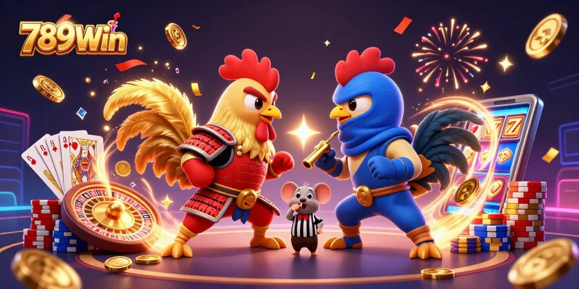 Engage in thrilling action with 789Win's fighting roosters amidst dazzling casino elements.