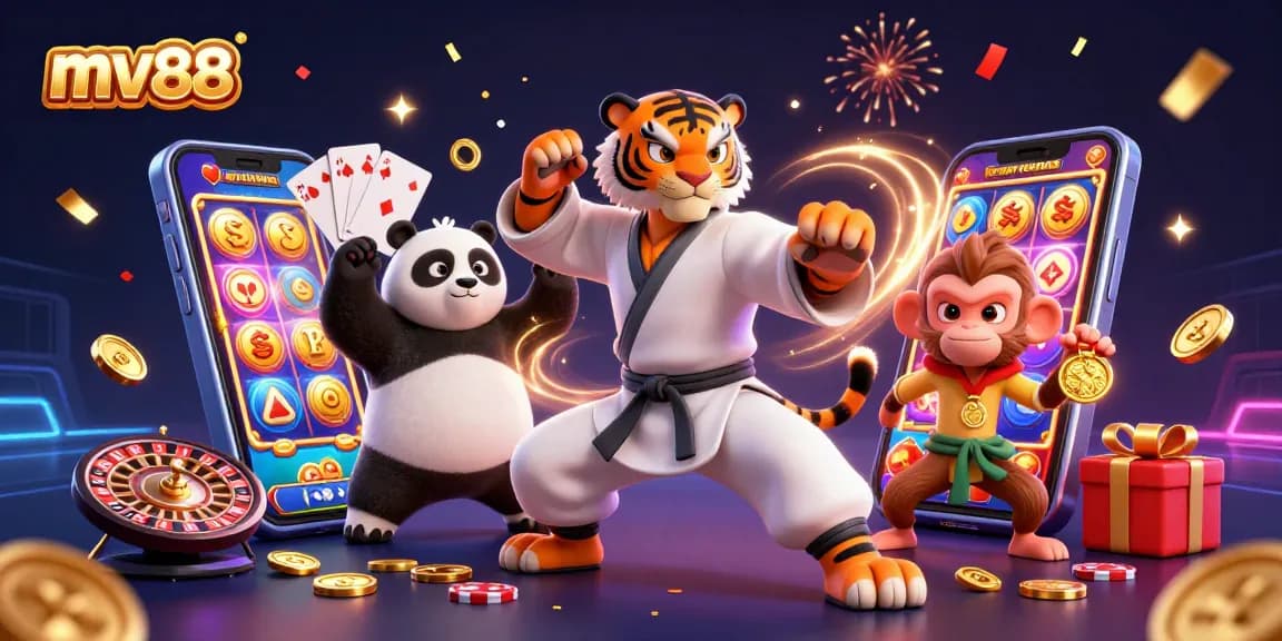Experience the excitement of slots and gaming with mv88's unique 3D scene in this vibrant illustration.