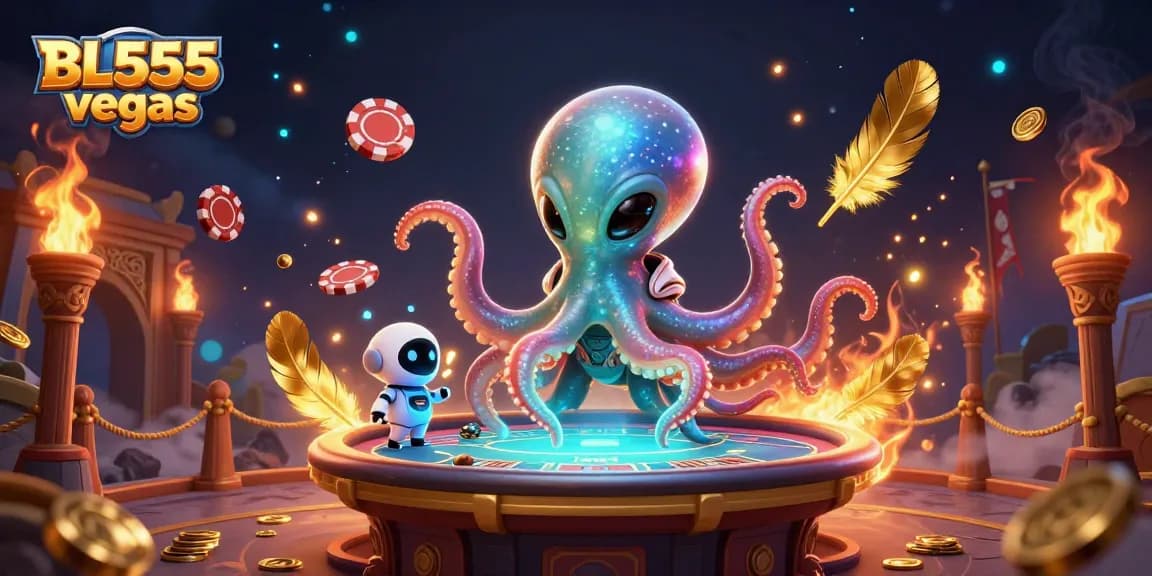 Experience thrilling gameplay with BL555 vegas in an exciting cosmic casino scene featuring a playful octopus and robot.