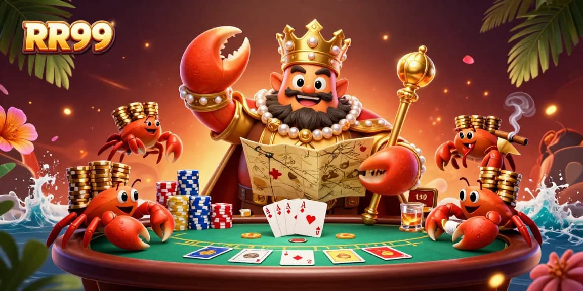 Engage with the RR99 casino experience featuring a golden crab emperor amidst vibrant poker elements.