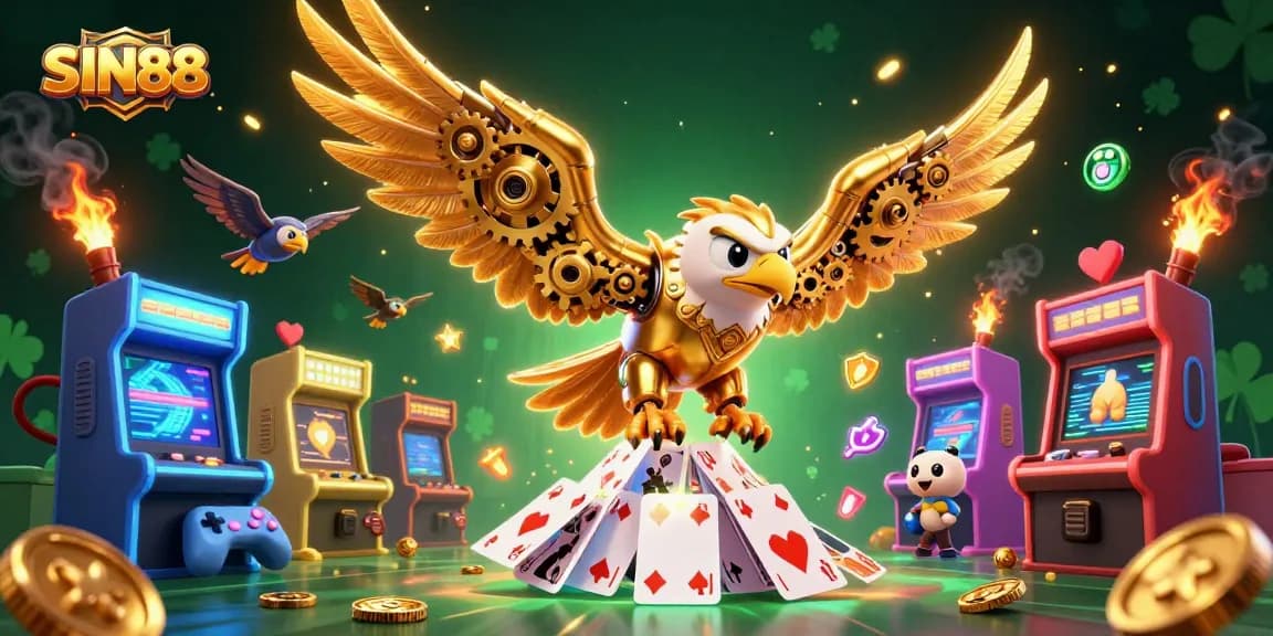 SIN88 engages players with vibrant casino-themed 3D art showcasing a cybernetic eagle amidst dynamic game elements.