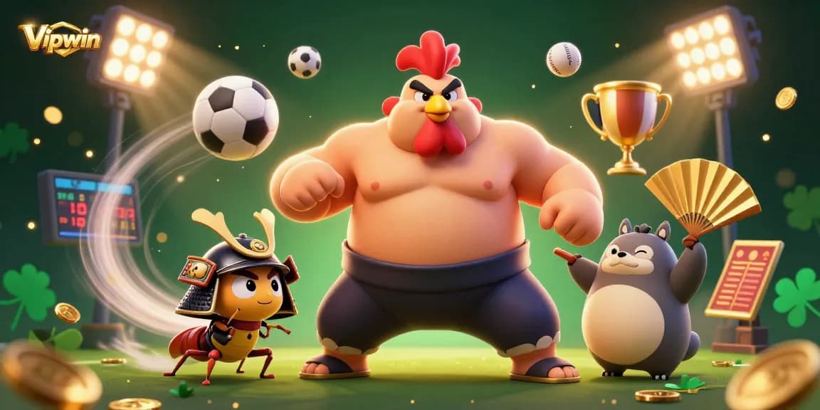 Bet on exciting outcomes at Vipwin's thrilling 3D casino scene, featuring a powerful sumo wrestler rooster and engaging elements.