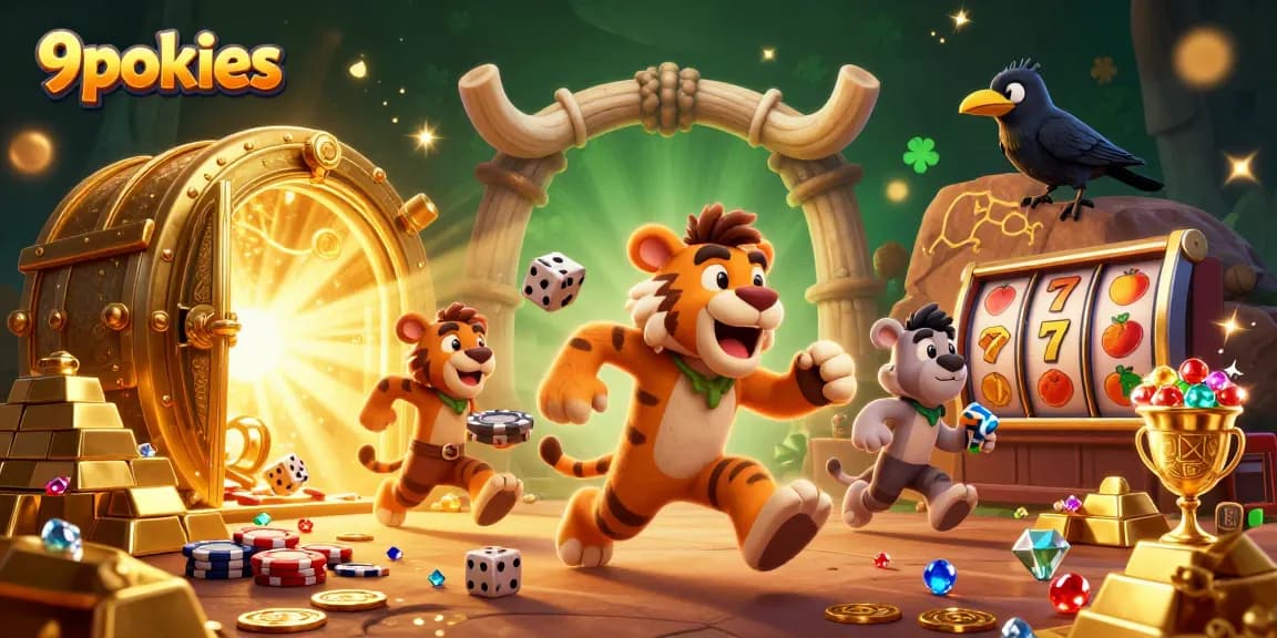 Join the excitement of 9pokies with a unique prehistoric casino scene filled with treasures.