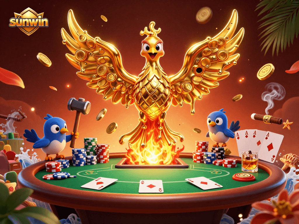 Experience thrilling gaming at sunwin with a golden phoenix and poker elements in this dynamic illustration.