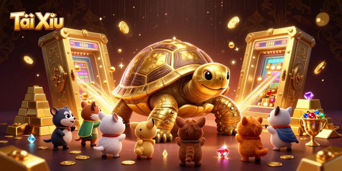 Tài Xỉu game illustration depicting a colossal golden tortoise, treasure vault, and excited animals enjoying the game atmosphere.