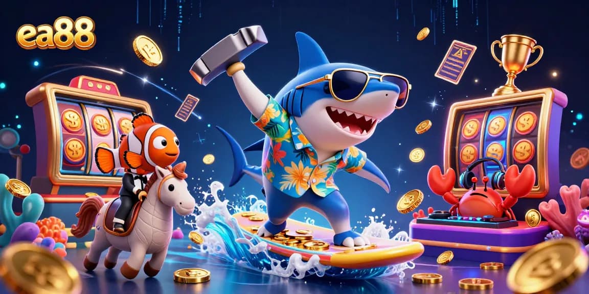 Engage in thrilling slots at ea88 with a vibrant illustration featuring fun marine characters and dynamic casino elements.