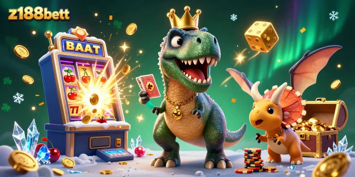 The 3D illustration of a T-Rex trying to shuffle cards encapsulates the vibrant energy of z188bett's gaming experience.