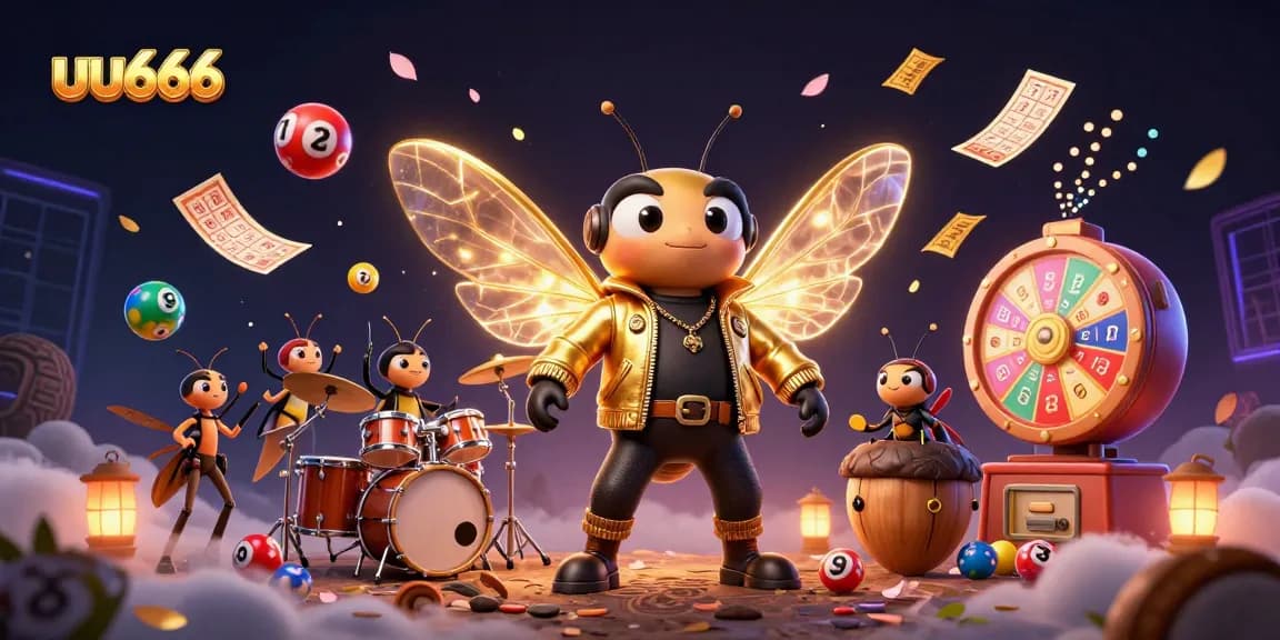 Experience the excitement of uu666 with a 3D rock star cicada and vibrant lottery elements.