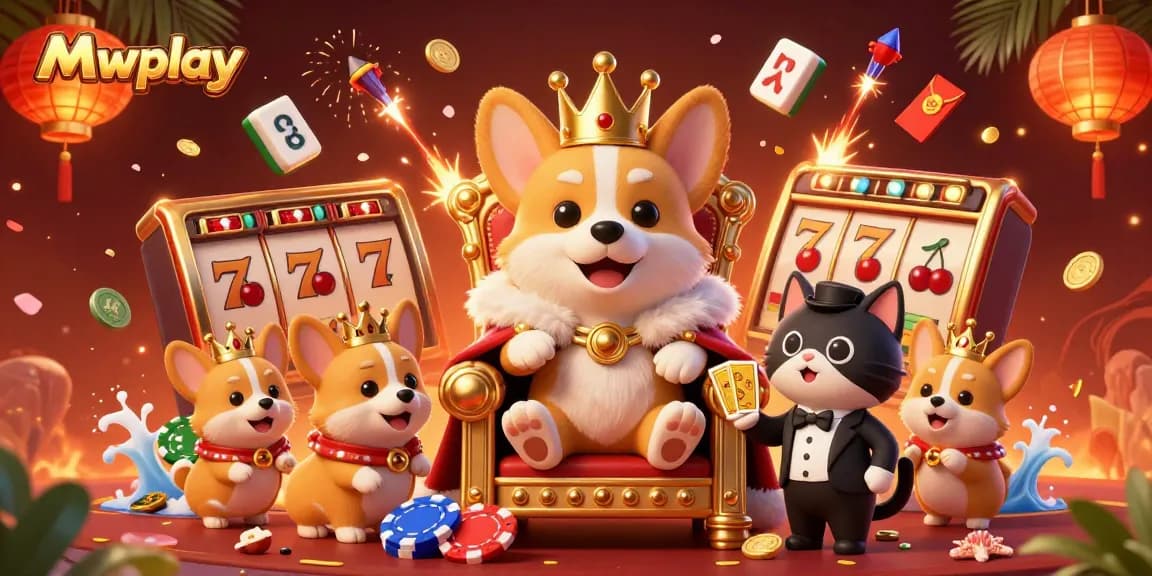 Engage with stunning games at Mwplay, featuring a royal corgi amidst dynamic casino elements.
