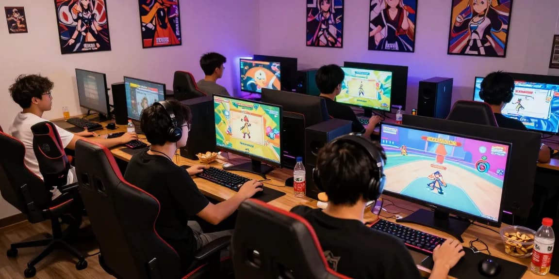 Vibrant gaming scene with players enjoying real ecchi games featuring colorful graphics, competitive atmosphere, and social interactions.