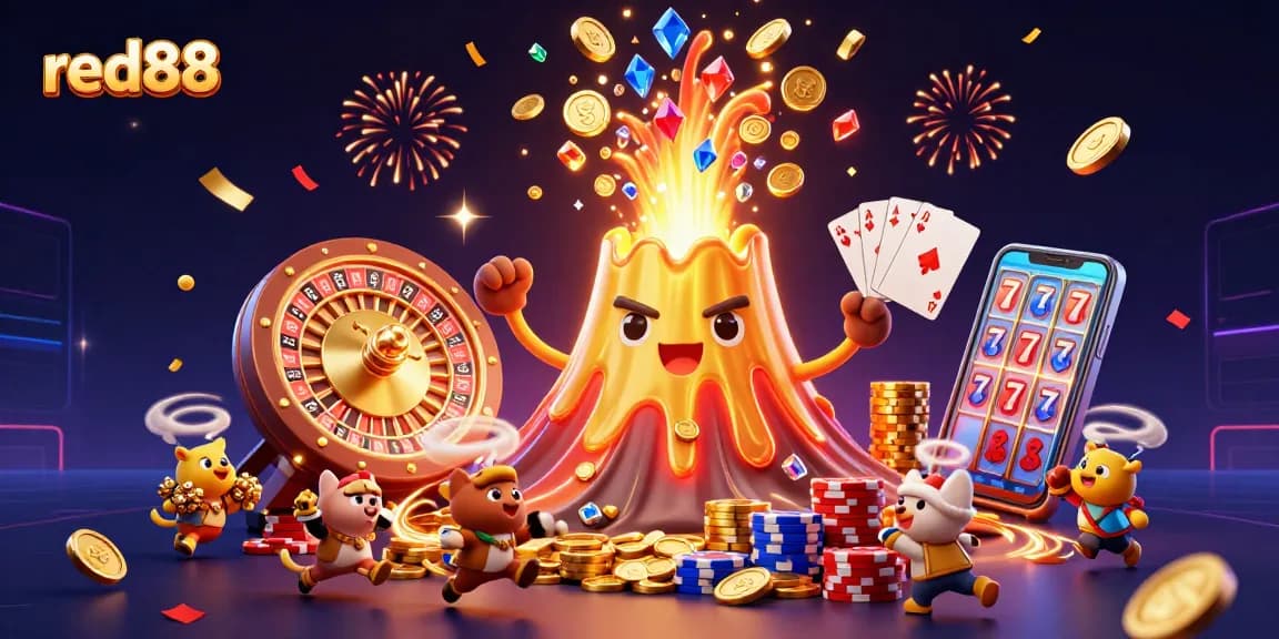 Experience the excitement of red88 in this vibrant 3D casino illustration featuring a golden volcano pouring treasures.