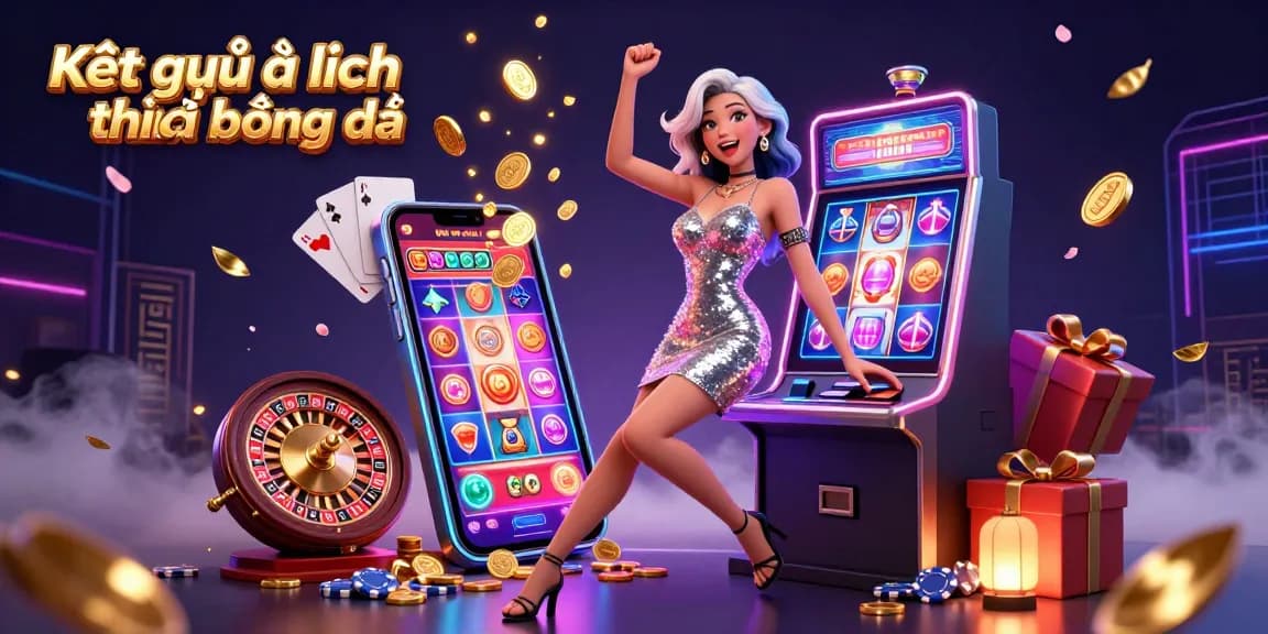 Kết quả và lịch thi đấu bóng đá showcased with an excited Asian woman celebrating a jackpot at a vibrant casino scene.