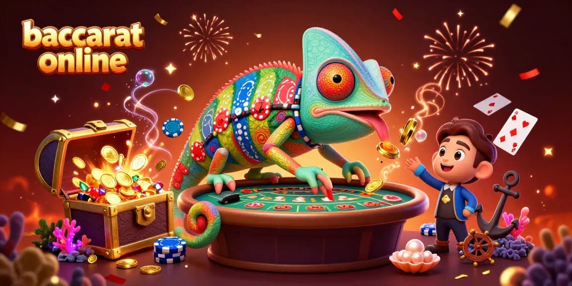 Baccarat online players engaging with the dynamic cartoon chameleon casino owner amidst lively gaming elements.
