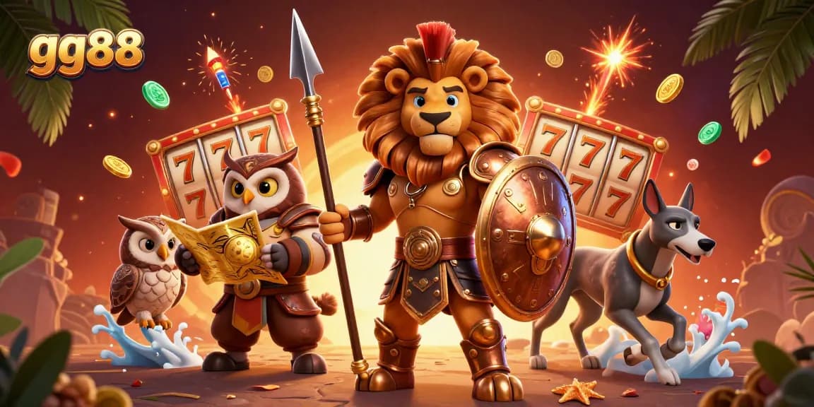 Experience excitement with gg88 featuring a Spartan lion and engaging gambling elements in a vibrant scene.