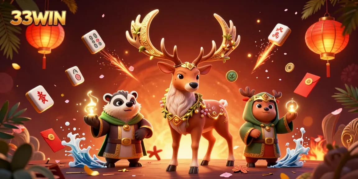 Immerse in the vibrant world of 33WIN, featuring a druid stag and 3D casino elements.