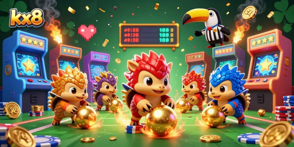 KX8 pangolins bowling through poker chips amidst vibrant 3D arcade game elements.