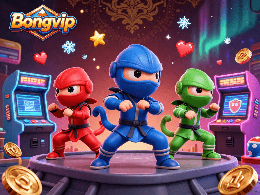 Bongvip chameleon team showcases vibrant casino elements with martial arts poses amidst arcade machines.
