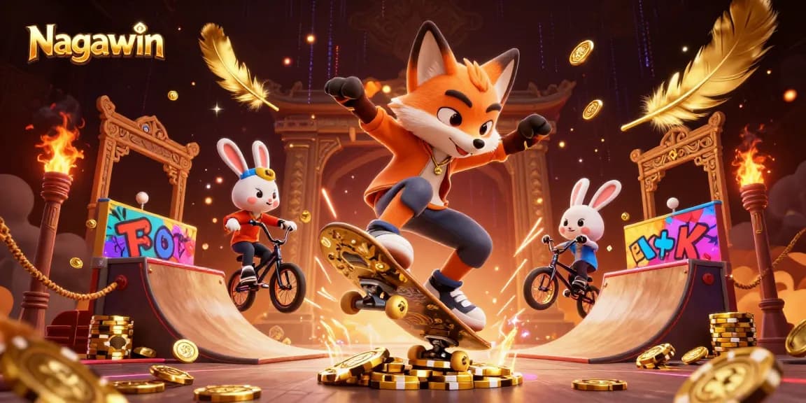 Nagawin engages players with vibrant cartoon characters in a dynamic casino scene filled with excitement.