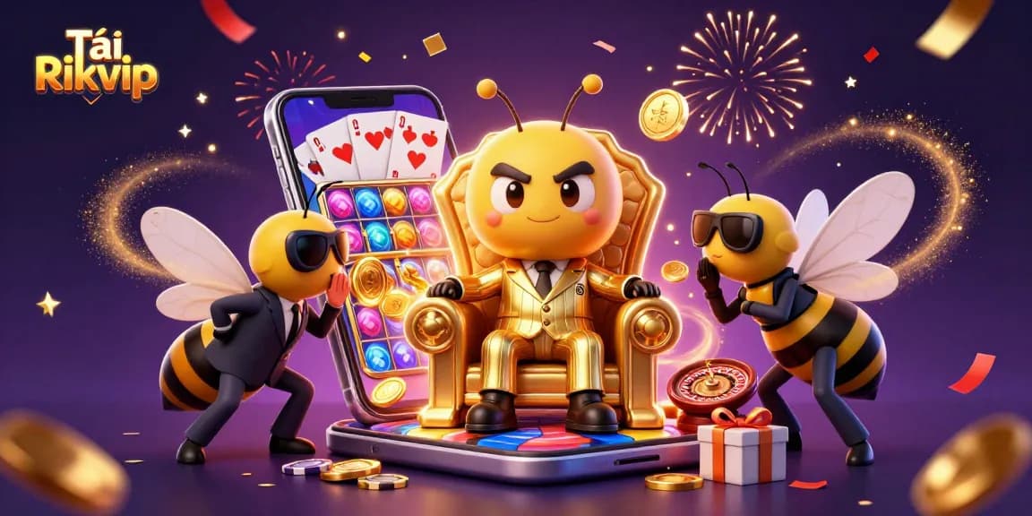 Tải Rikvip with a bumblebee mob boss in a vibrant casino setting, surrounded by game elements.