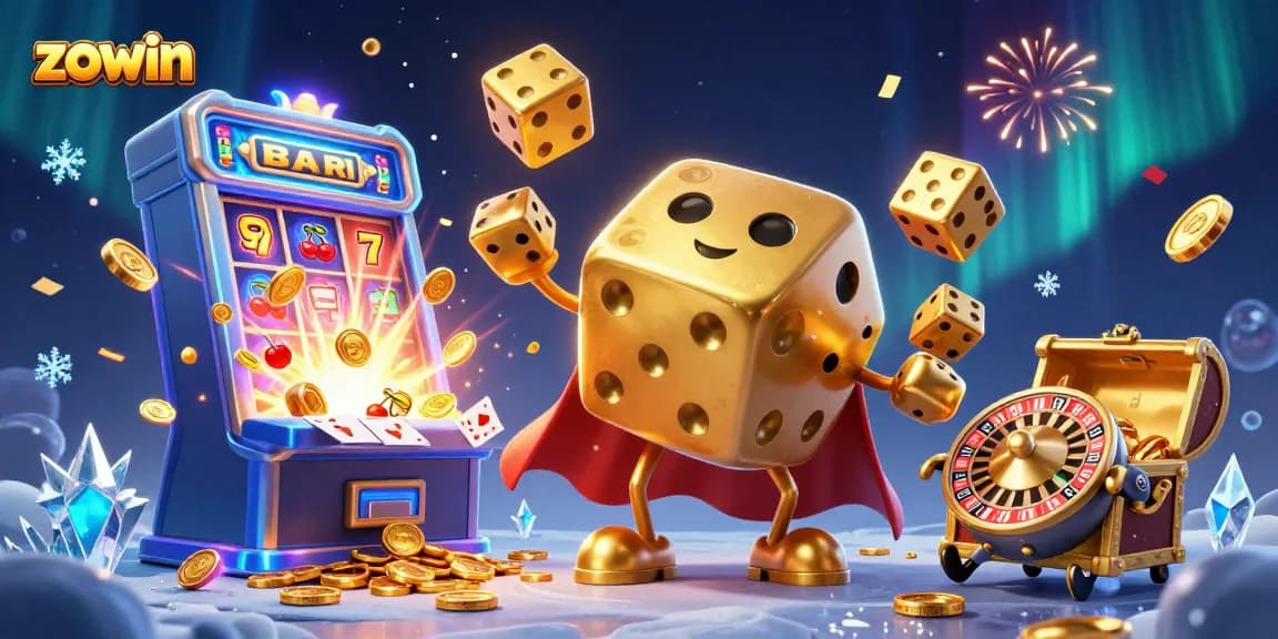 Experience thrilling gaming action with Zowin's vibrant 3D casino scene showcasing dynamic characters and games.