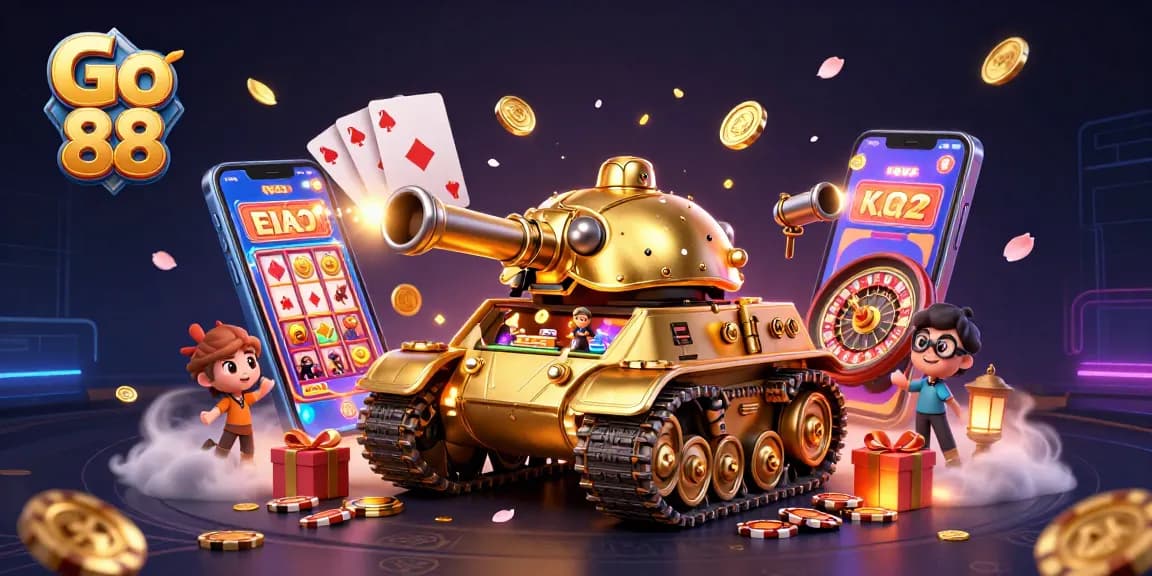 Experience the thrill of Go 88 casino in an ultra-detailed 3D illustration featuring golden beetle tank and captivating game elements.