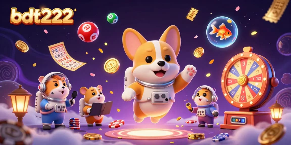 Engage with bdt222 in a vibrant casino scene filled with gold coins and lottery excitement.