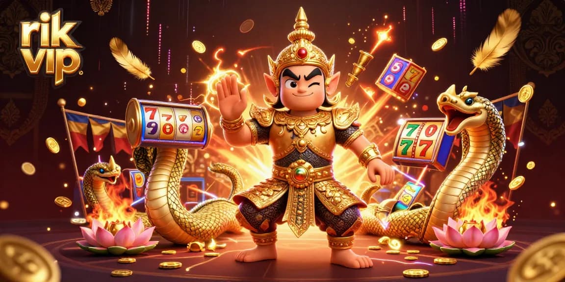 Engage in exciting slot action with rik vip's vibrant illustration featuring mystical guardians and golden treasures.