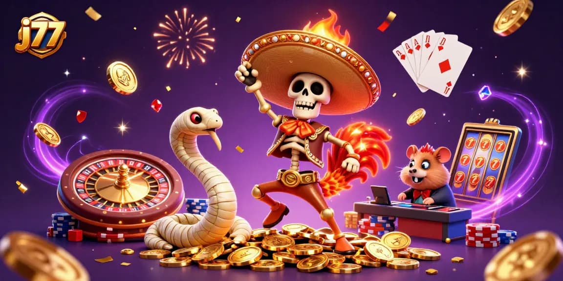 Experience exciting wins with j77 at this vibrant online casino illustration featuring a lively rooster and more!