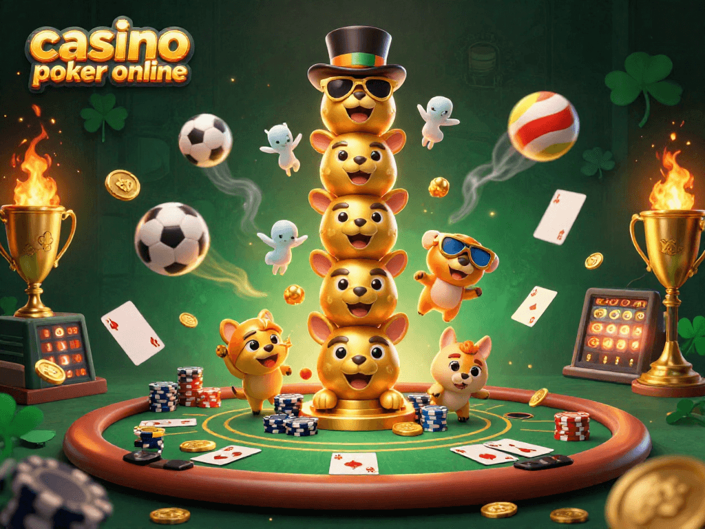 Engage with casino poker online featuring animated totem pole and dynamic sports elements.