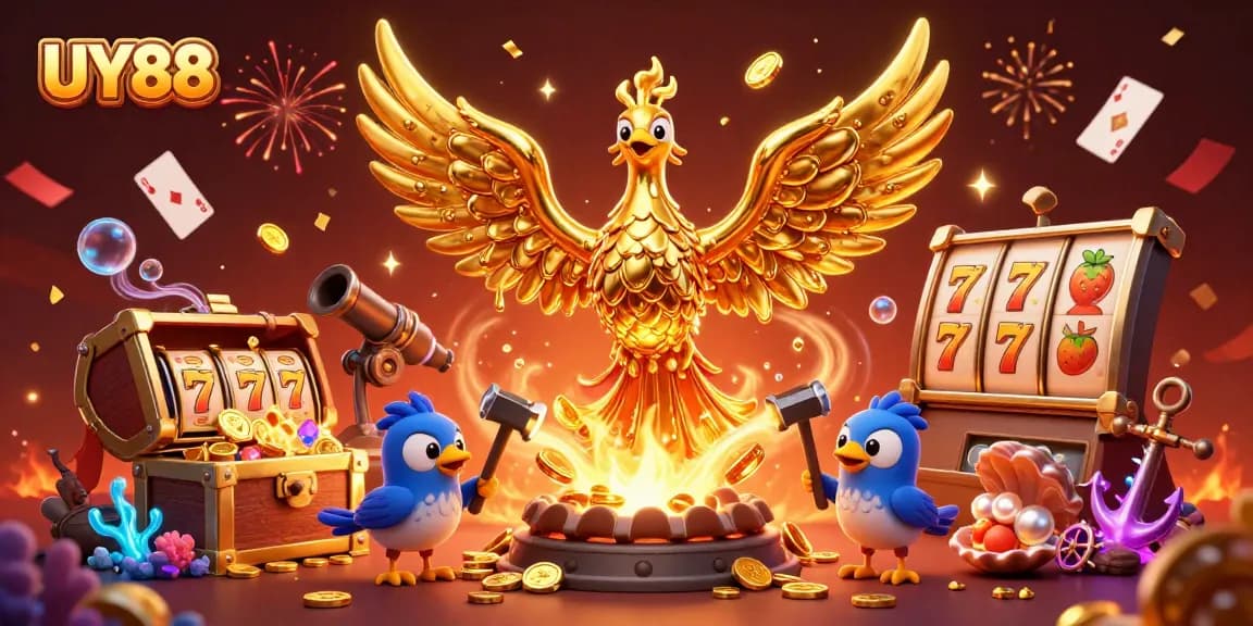 Experience the excitement of UY88 with a golden phoenix and slot game elements in a vibrant 3D scene.