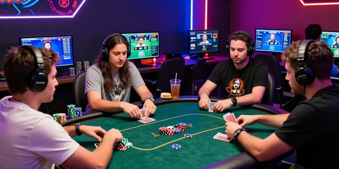 Engaged players at an online poker table enjoying Game Poker Uang Asli Dominobet, vibrant atmosphere and diverse participants.