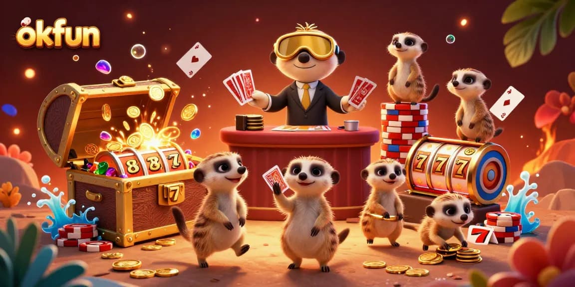 Engage in thrilling slots action at okfun with meerkats managing a vibrant casino.