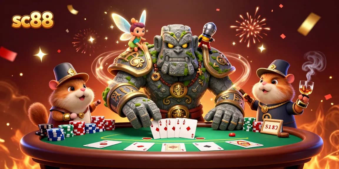 Engage in exciting games at sc88 with a magical scene featuring a golem, fairy, and hamster knight.