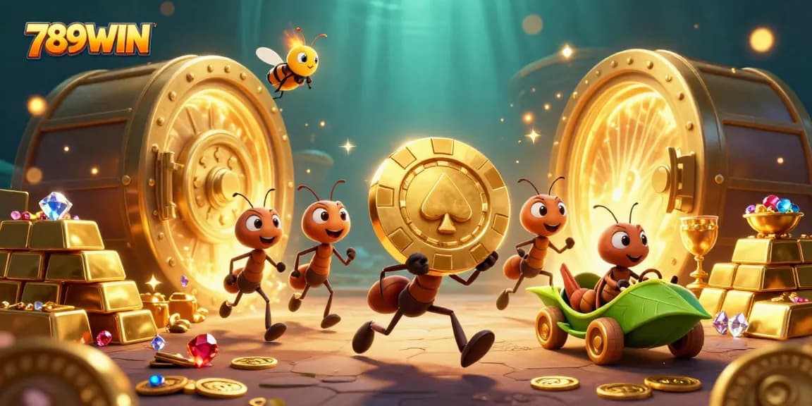 Engage with 789WIN's vibrant gambling adventure as ants steal a giant poker chip in a rich casino scene.