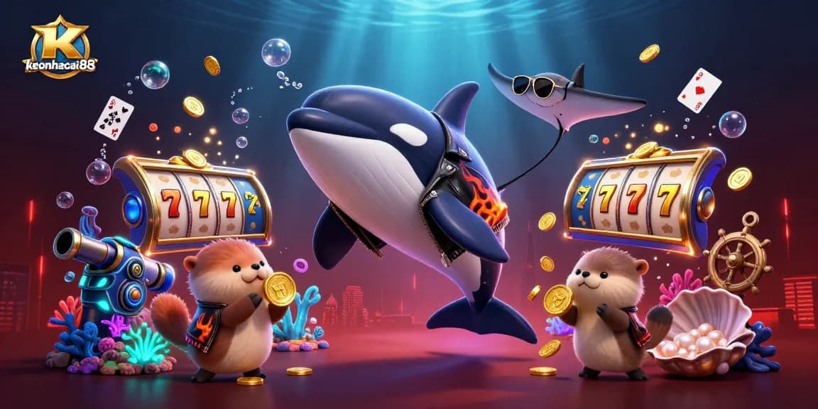 Experience the excitement of keonhacai88 with a lively underwater casino scene packed with animated marine characters.