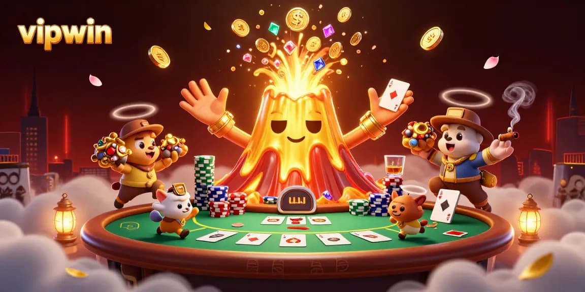 Experience the thrill of vipwin with a triumphant golden volcano erupting treasure amidst a vibrant poker table scene.
