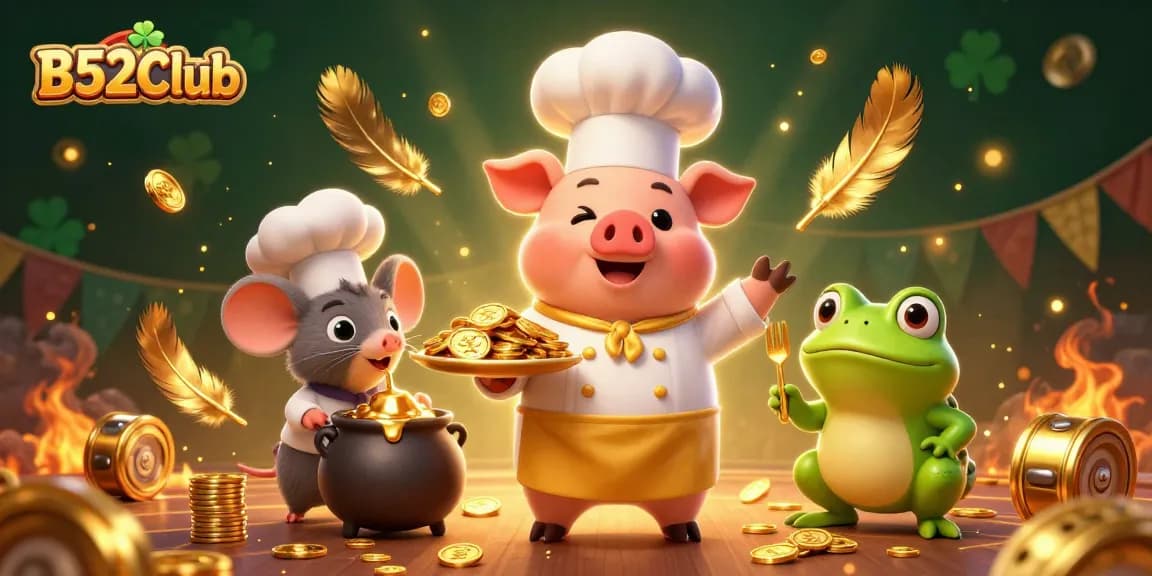 B52Club showcases a vibrant 3D scene with a chef pig serving gold coins and a festive atmosphere of slot games.