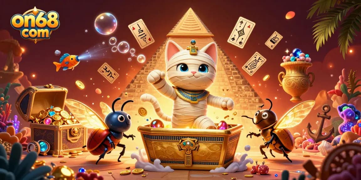 Experience thrilling games at on68 com with a vibrant 3D casino explosion featuring glowing characters and treasures.