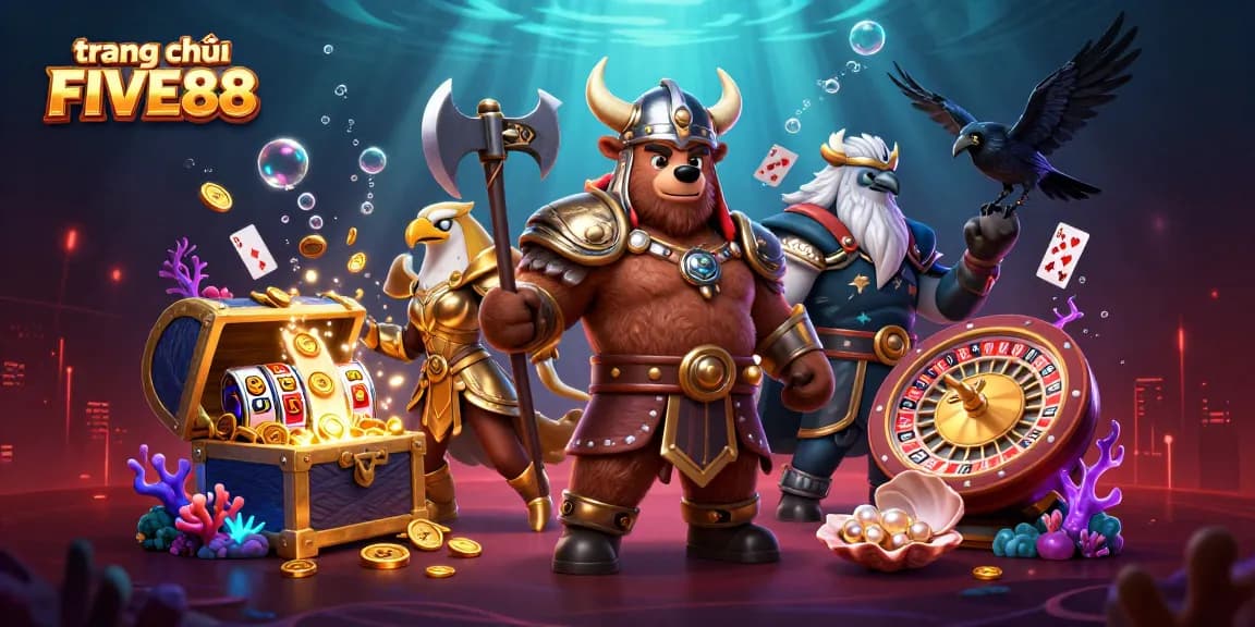 Play exciting games on trang chủ FIVE88 with vibrant 3D illustrations of characters and casino elements.