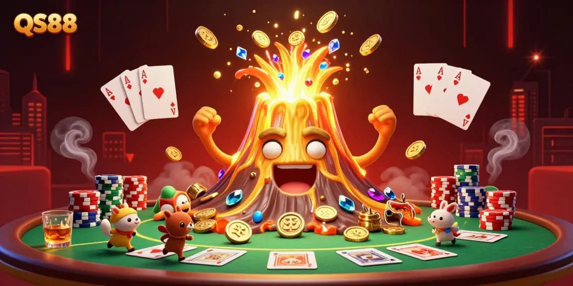 Experience QS88 with a triumphant golden volcano, overflowing with coins, surrounded by poker elements in a vibrant casino scene.