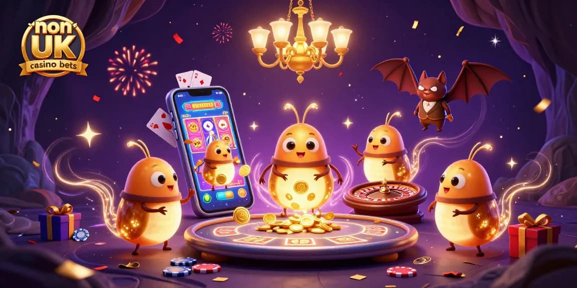 Enjoy non UK casino bets with glowworms lighting a cave casino surrounded by vibrant gaming elements.