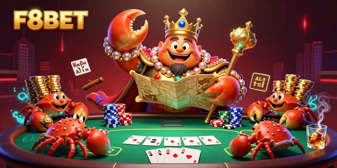 Experience thrilling gameplay with F8BET featuring a golden crab emperor and vibrant poker elements.