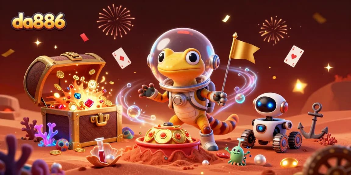 Engage in da886's thrilling casino adventure with a Martian gecko and treasure-filled chests.