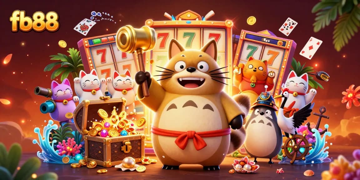 Experience slot action at fb88 with a cheerful tanuki mascot, vibrant game elements, and dynamic atmosphere.