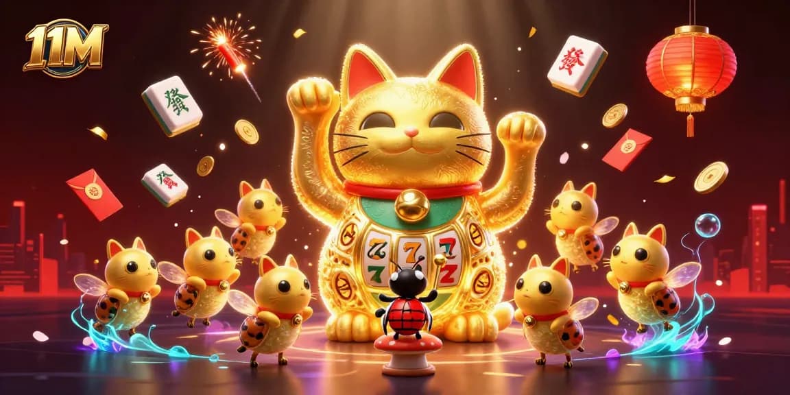 Experience 11M casino excitement with a lucky cat and vibrant gambling symbols in a dynamic scene.