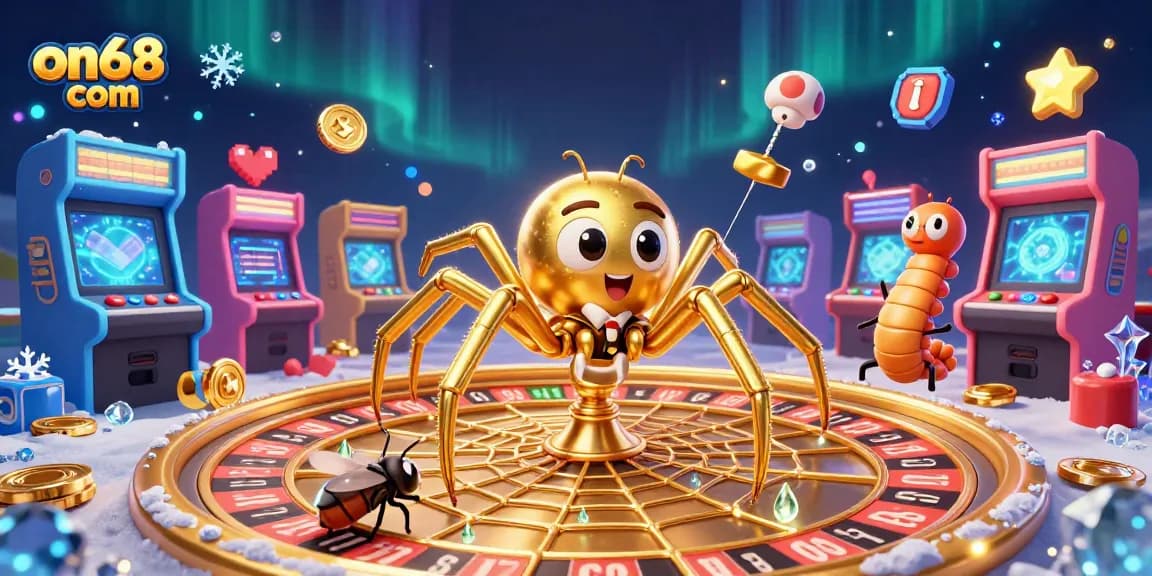 Experience fun gaming action at on68 com with a colorful 3D casino illustration featuring interactive elements.