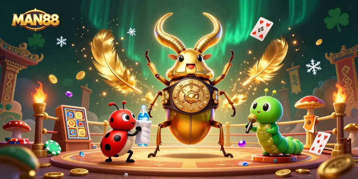 MAN88 gaming celebration with a golden stag beetle champion, ladybug, and caterpillar in a casino arena.