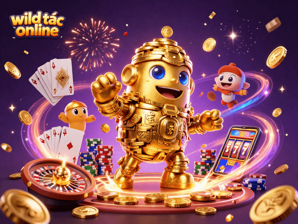Experience wild đạo tặc online with a golden golem amidst cascading coins and vibrant casino elements.